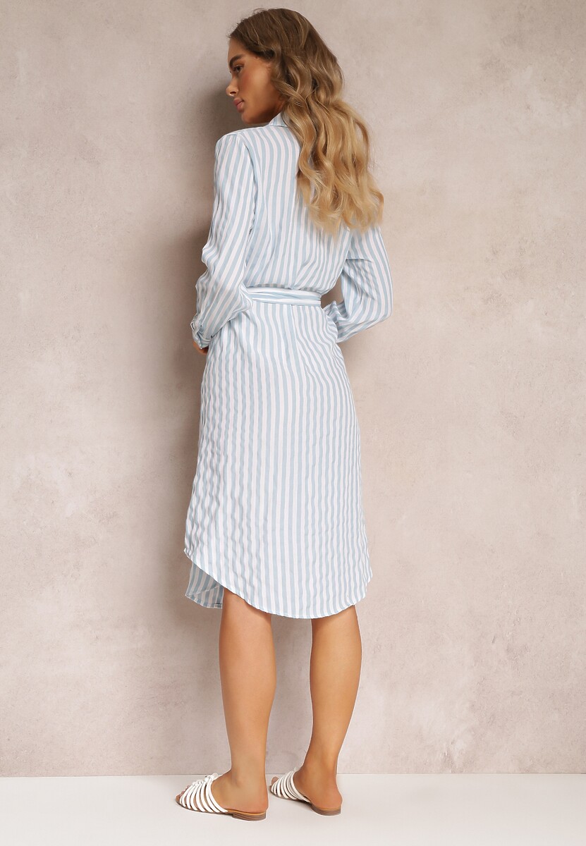 Jasnoniebieska Sukienka Koszulowa z Bawełny w Paski i Wiązanym Paskiem Mayreli