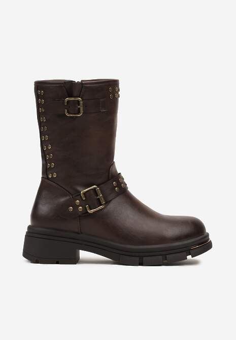 Ciemnobrązowe Motocyklowe Botki Ozdobione Nitami i Klamrami przy Cholewce Ezirra