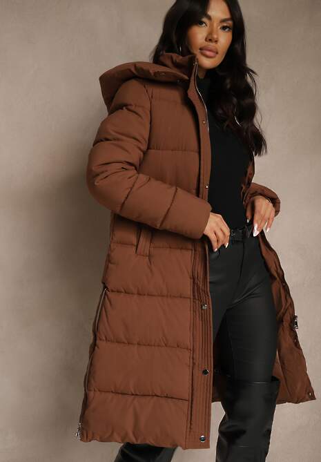 Brązowa Kurtka Ozdobiona Pikowaniem z Odpinanym Kapturem i Suwakami po Bokach Zaiden