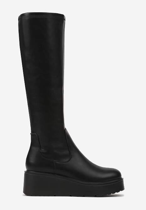 Czarne Basicowe Kozaki na Grubej Podeszwie z Okrągłym Noskiem Tirisza