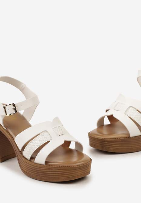 Białe Sandały na Platformie i Słupku z Ekoskóry ze Sprzączką i Wycięciami Riklada