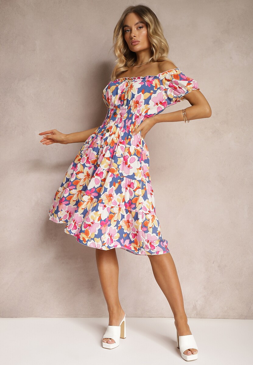 Niebiesko-Różowa Taliowana Sukienka z Bawełny Wykończona Gumką w Talii i Guzikami Nelianne