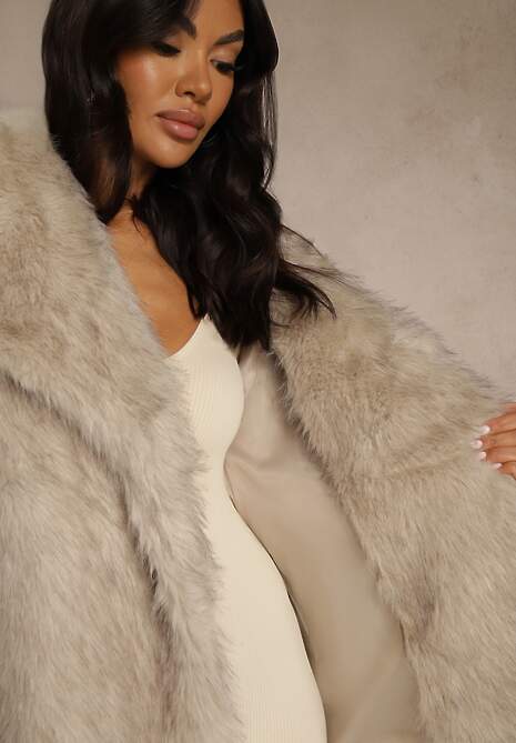 Beżowa Dwurzędowa Kurtka Futerko Oversize Nenalla