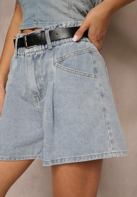 Jasnoniebieskie Szorty Jeansowe z Gumką w Talii i Paskiem Zdobione Przeszyciami Alanissa