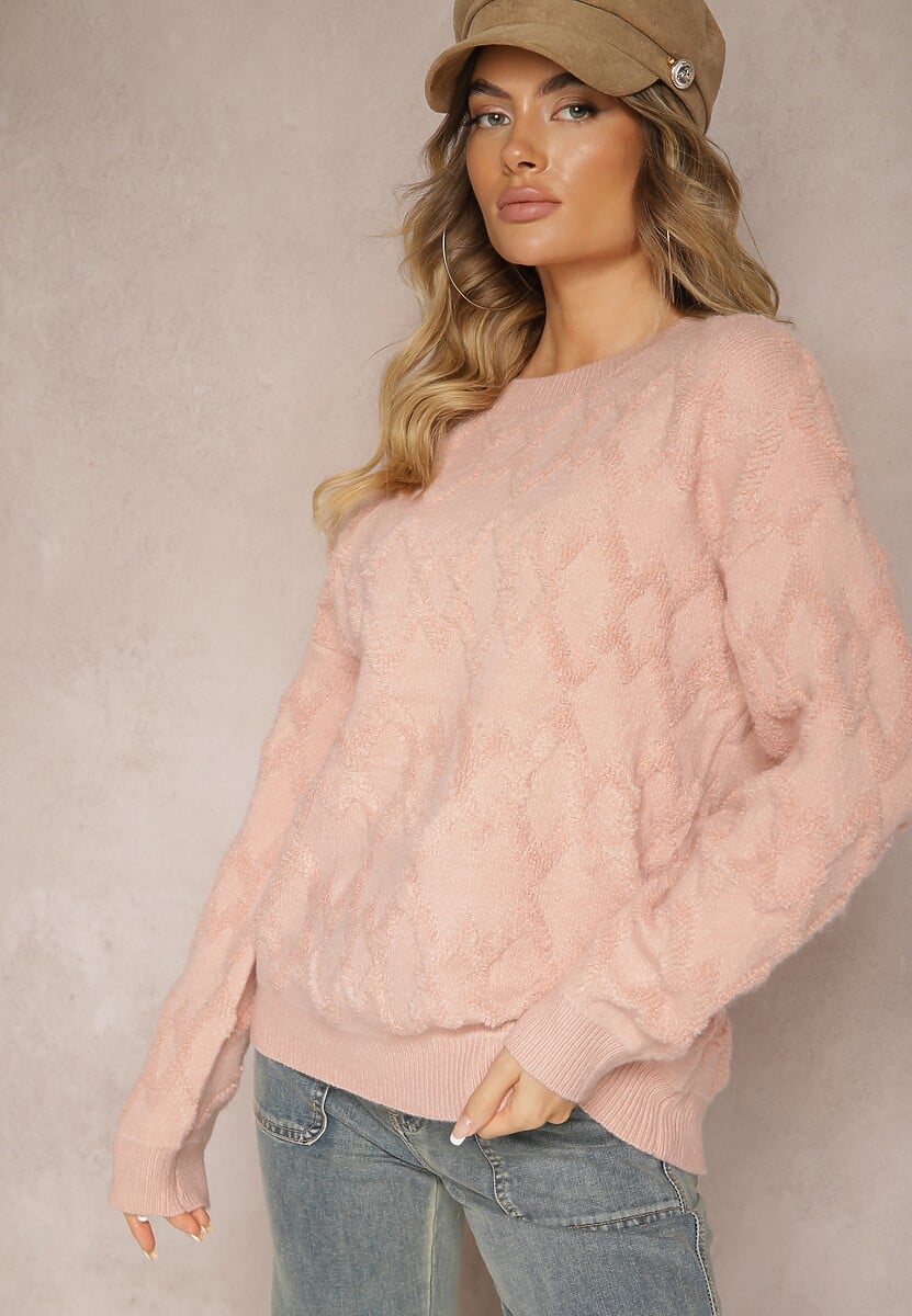 Różowy Luźny Sweter o Pudełkowym Kroju i Tłoczonym Splocie ze Ściągaczami Elomara