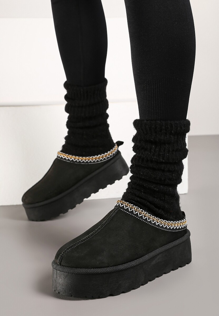 Czarne Śniegowce na Platformie z Ozdobnym Paskiem Lotiara