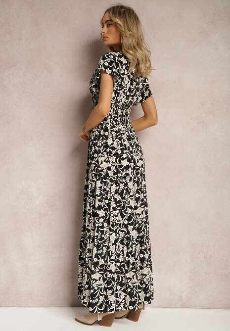 Czarno-Biała Sukienka z Gumką w Pasie w Kwiatowy Wzór z Ozdobnymi Guzikami Ellsa