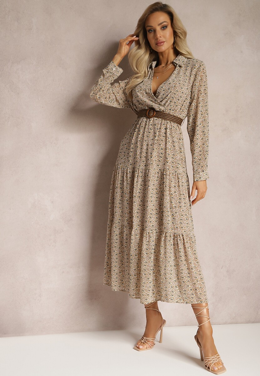 Beżowa Sukienka Rozkloszowana w Kwiaty z Paskiem Rakhila