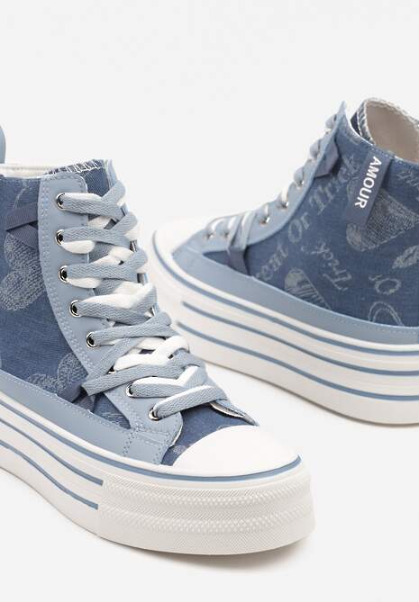 Niebieskie Trampki Jeansowe z Serduszkami na Platformie Benirea
