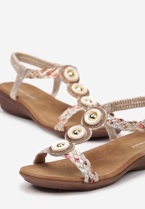 Złote Sandały w Stylu Boho Ozdobione Plecionymi Paskami i Kryształkami Wiatrixa