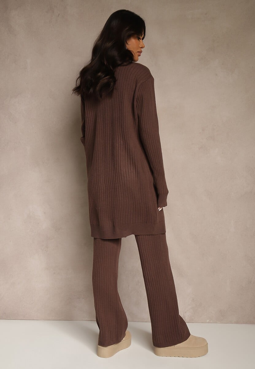Brązowy Komplet z Dzianiny z Bawełną Spodnie Kamizelka i Długi Kardigan Mevalinia