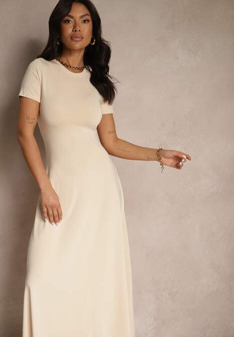 Jasnobeżowa Taliowana Sukienka z Krótkim Rękawem Liranisea