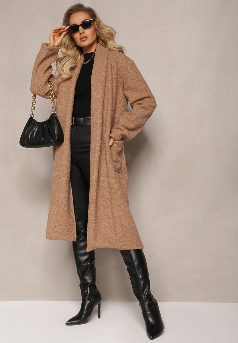 Beżowy Luźny Płaszcz Niezapinany z Paskiem Acompana