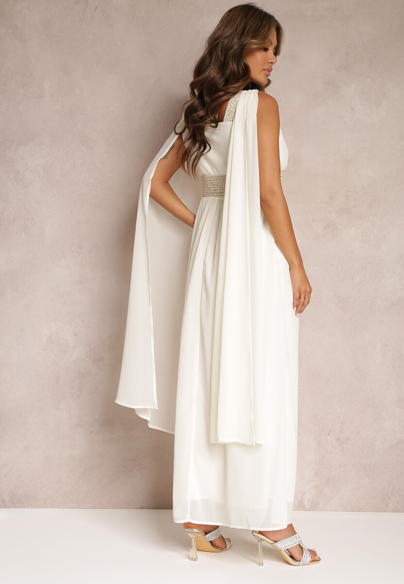 Beżowa Maxi Sukienka o Rozkloszowanym Fasonie Ozdobiona Cekinami na Szerokich Ramiączkach Nedilva