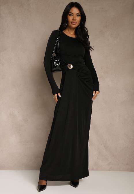 Czarna Marszczona Sukienka Koktajlowa Zdobiona Aplikacją w Talii Siweda