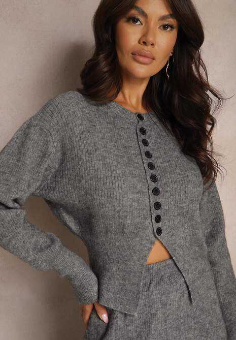 Ciemnoszary Komplet z Dzianiny z Wełną Kardigan z Guzikami i Spódnica z Gumką w Talii Melzina