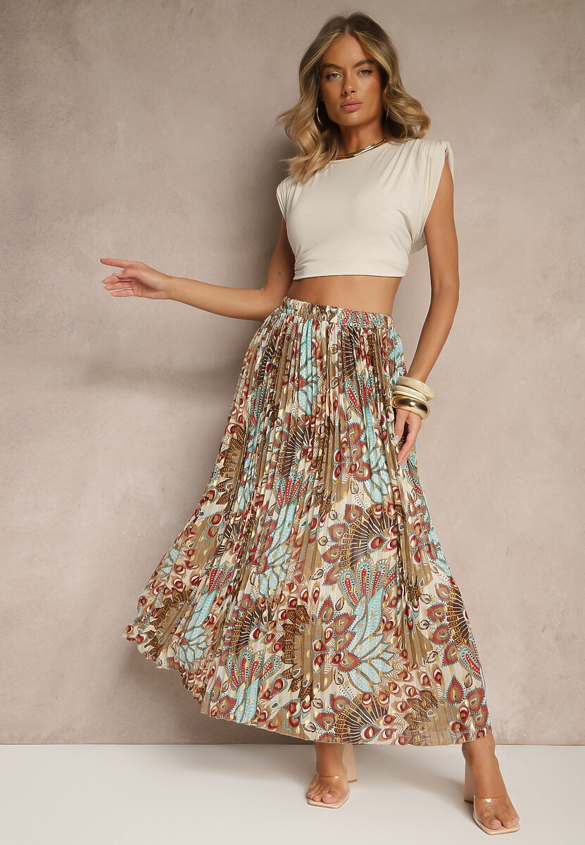 Beżowa Spódnica Plisowana Ozdobiona Metalicznym Nadrukiem Firavenne