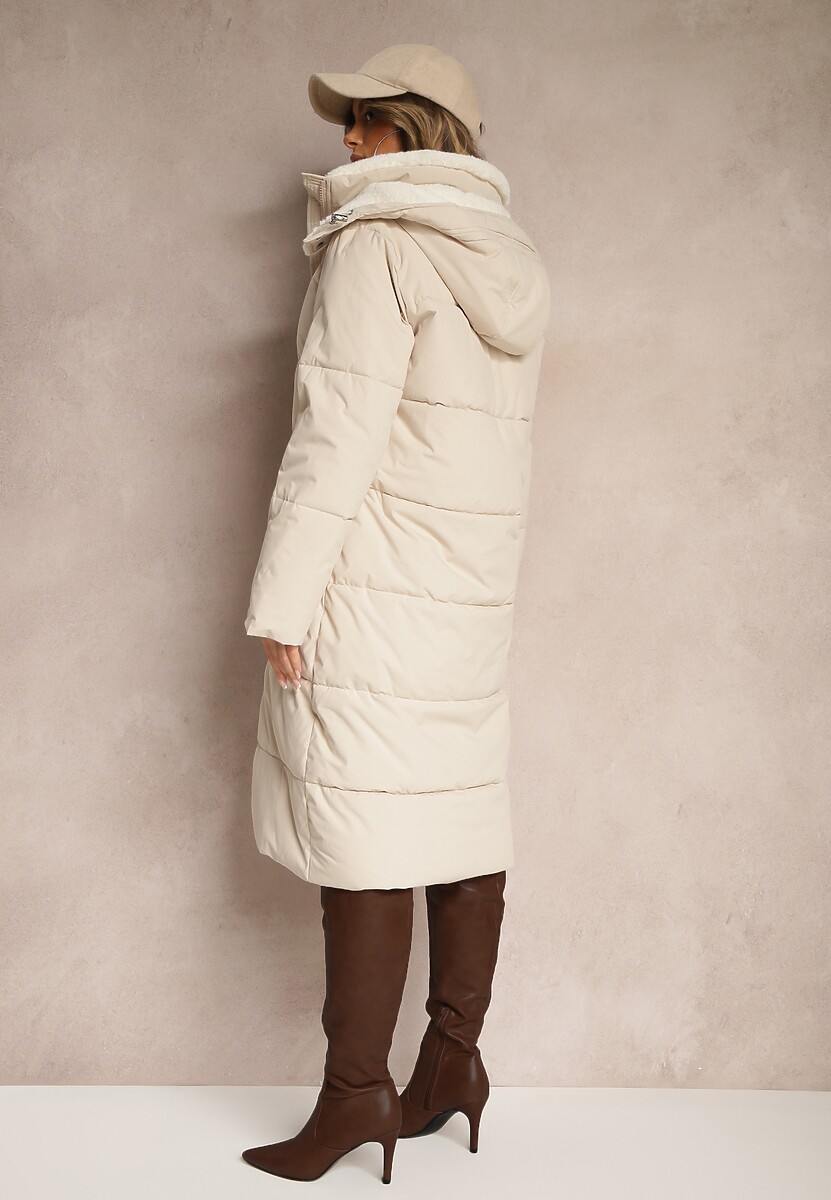 Jasnobeżowa Pikowana Kurtka o Długim Kroju z Odpinanym Kapturem i Kieszeniami Etanore