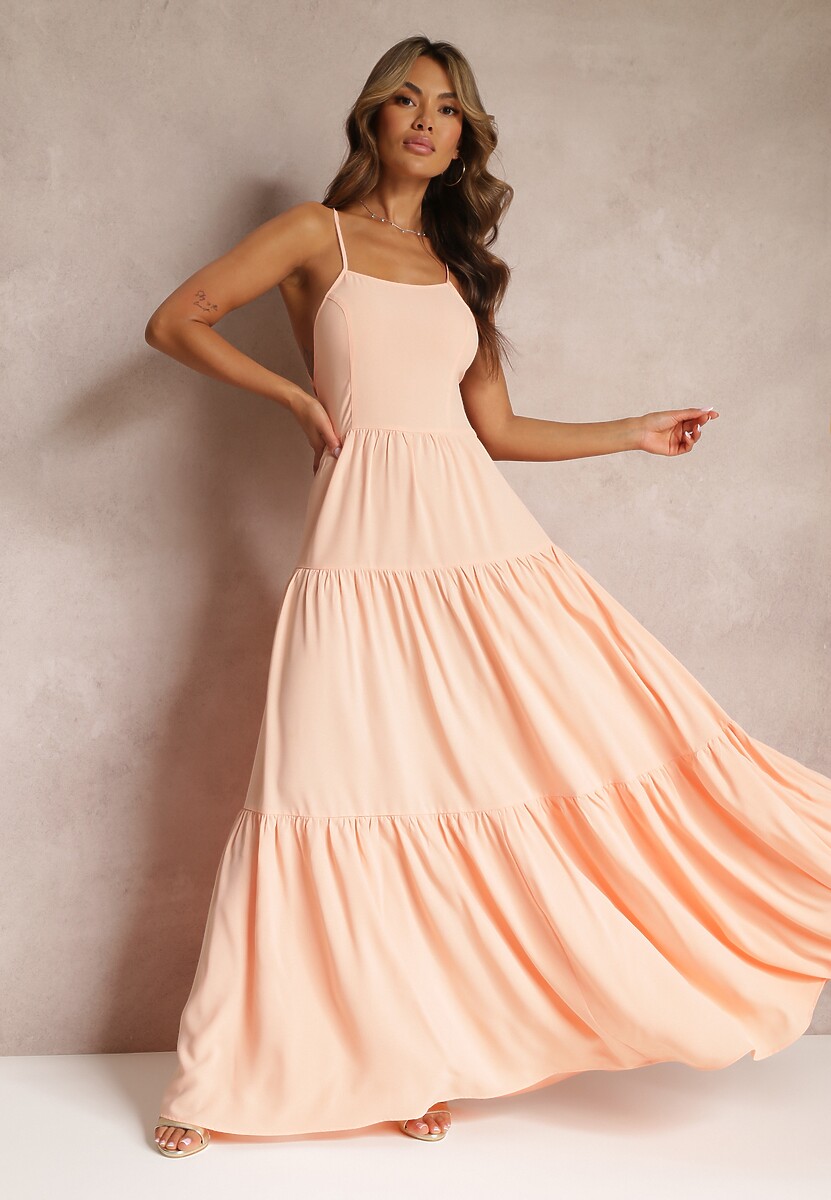 Czerwona Rozkloszowana Maxi Sukienka z Falbankami i Wiązaniem na Tyle Karins