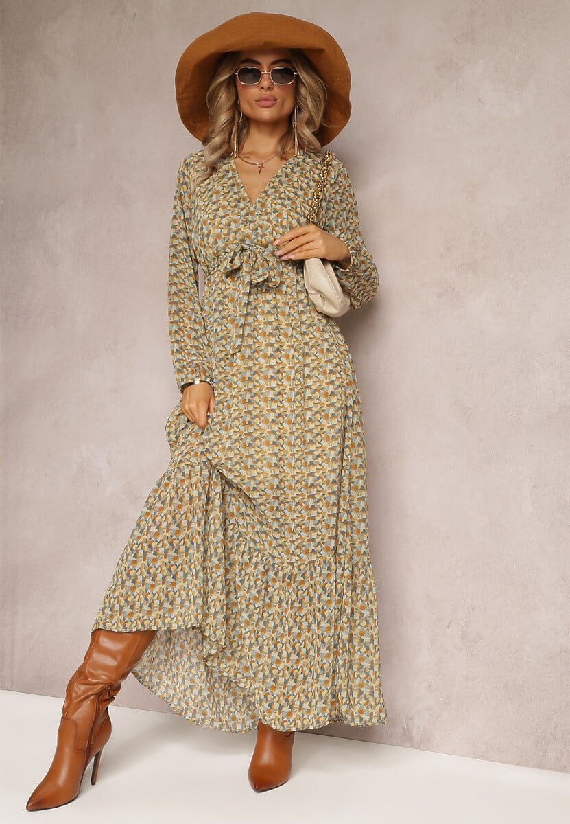 Żółto-Zielona Sukienka Kopertowa z Falbanką i Wiązanym Paskiem Gjerana