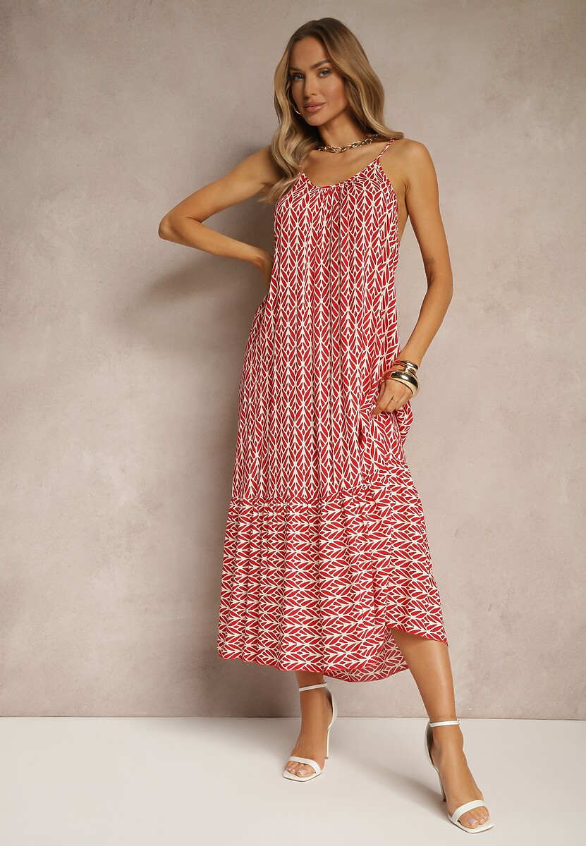 Różowa Sukienka z Bawełny Ozdobiona Geometrycznym Motywem Nilavionea