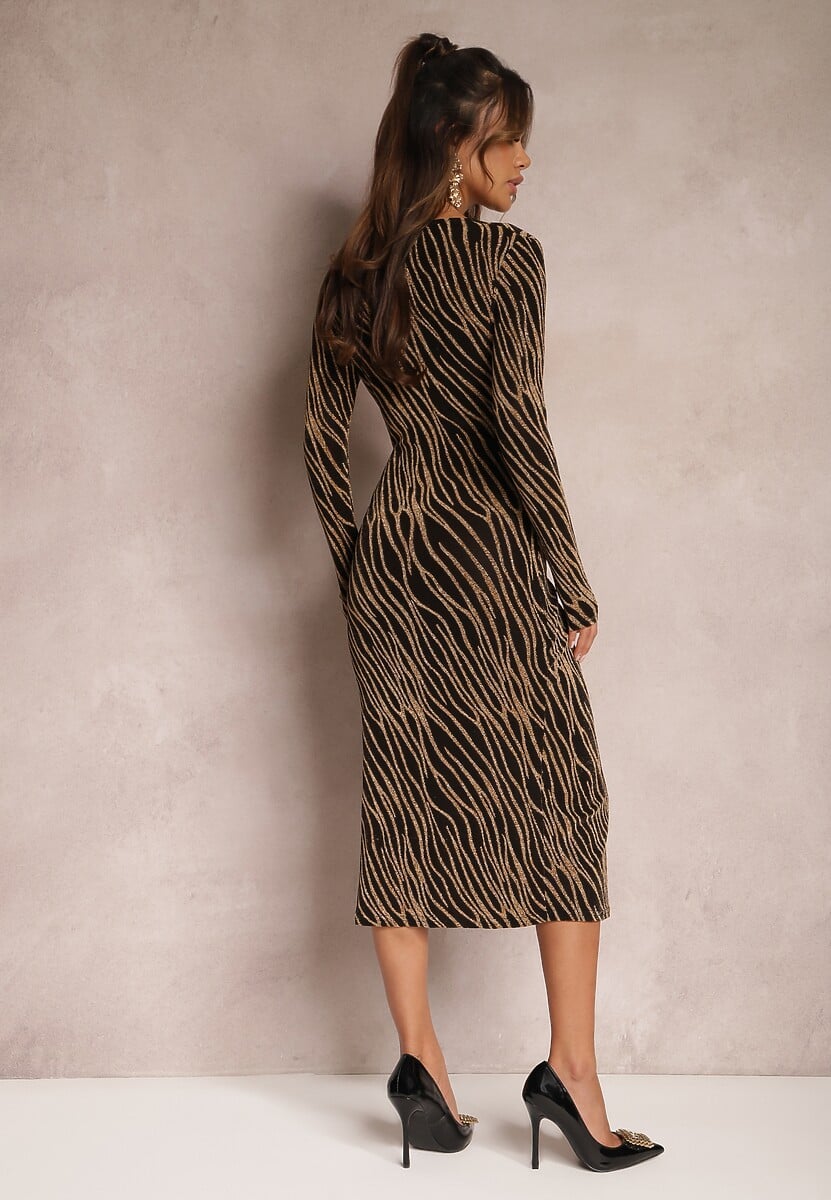 Złota Połyskująca Sukienka Kopertowa Midi Zaola