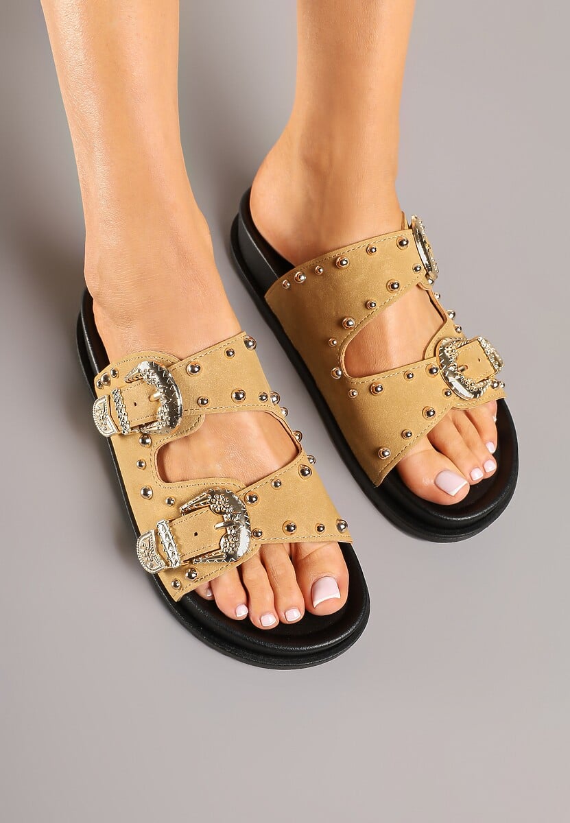 Brązowe Klapki z Ozdobnymi Sprzączkami i Nitami Ulkio