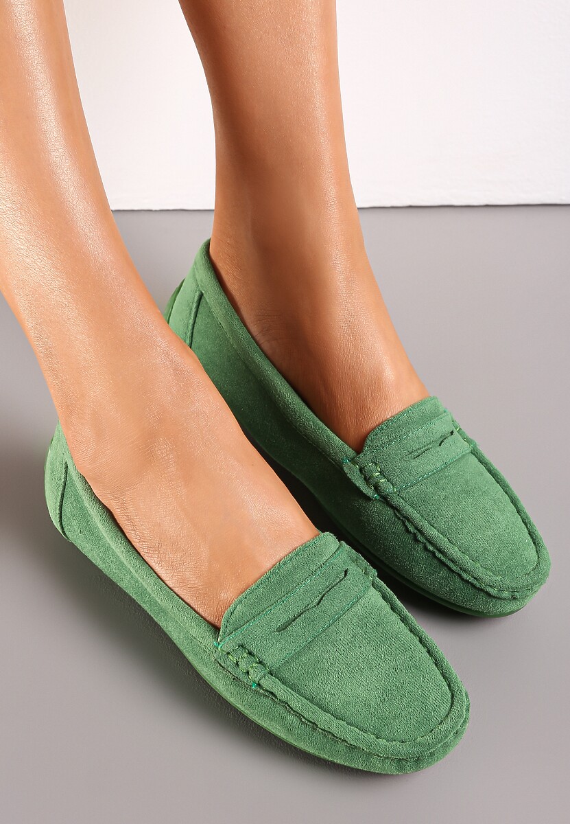 Zielone Wsuwane Mokasyny na Płaskiej Podeszwie z Przeszyciami Titalona