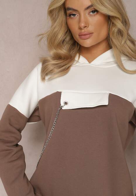 Brązowa Bawełniana Bluza z Kapturem i Łańcuszkiem Ambriella