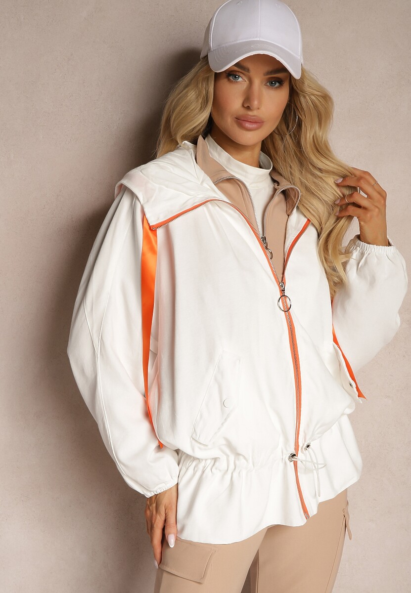 Biała Kurtka z Dodatkiem Bawełny Ozdobiona Wstążkami z Kapturem i Ściągaczami Valentis