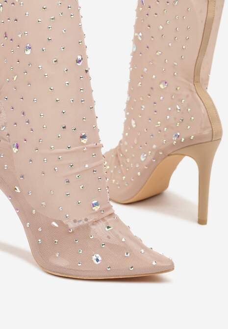 Beżowe Eleganckie Botki na Szpilce z Transparentną Cholewką i Cyrkoniami Felimora