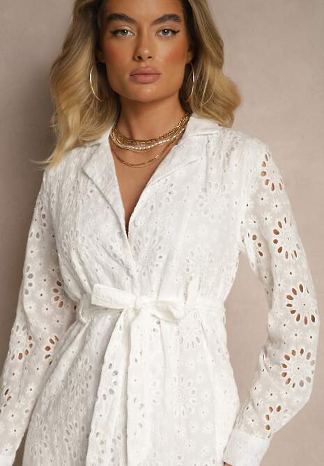 Biała Ażurowa Sukienka Koszulowa Ozdobiona Paskiem Tananilia