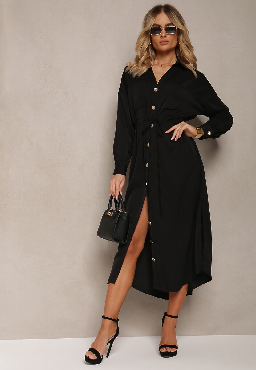 Czarna Sukienka o Koszulowym Fasonie z Elastycznym Troczkiem w Talii Verulea