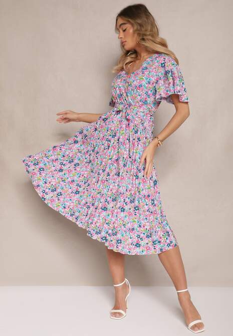 Różowa Sukienka z Plisami w Kwiecisty Print o Rozkloszowanym Kroju Lanelin