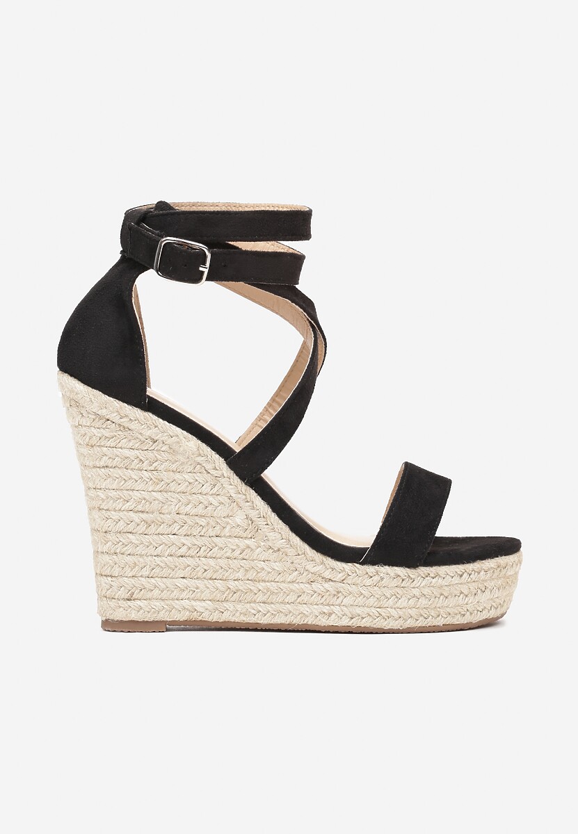 Czarne Sandały z Paskami na Plecionej Koturnie z Juty Idania