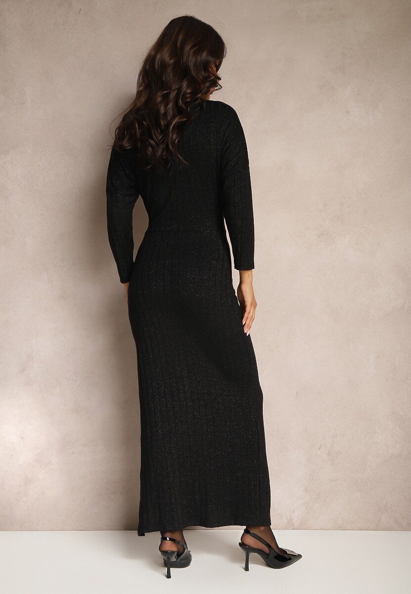 Czarna Sukienka z Wiskozą Metaliczną Nicią i Asymetrycznym Węzłem Elloritia