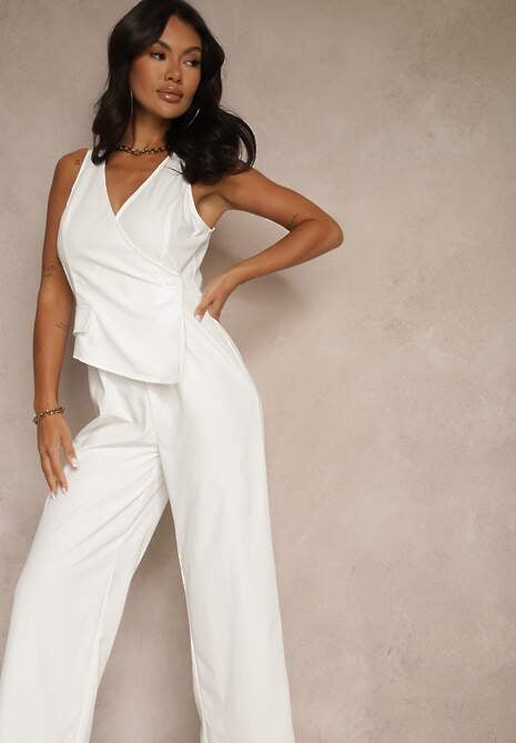 Biały Taliowany Kombinezon Elegancki z Dekoltem V Nevianis