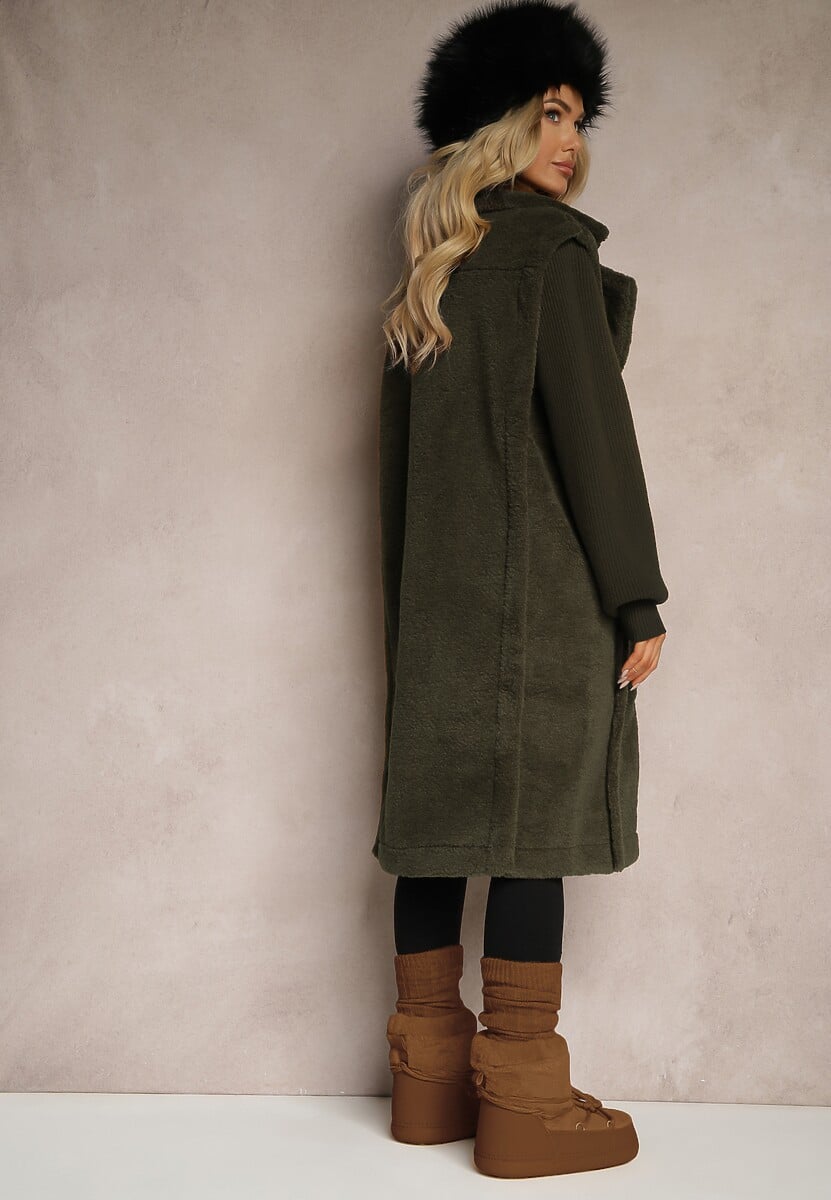 Zielony Płaszcz Futerko z Rękawami z Dzianiny Ravileth
