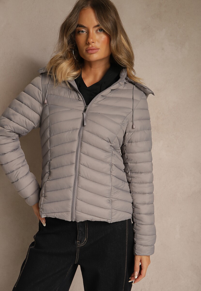 Szara Przejściowa Kurtka z Pikowanymi Przeszyciami i Kapturem Suritte