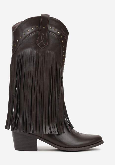 Brązowe Botki Kowbojki na Stożku z Cholewką z Ćwiekami i Frędzlami Elles