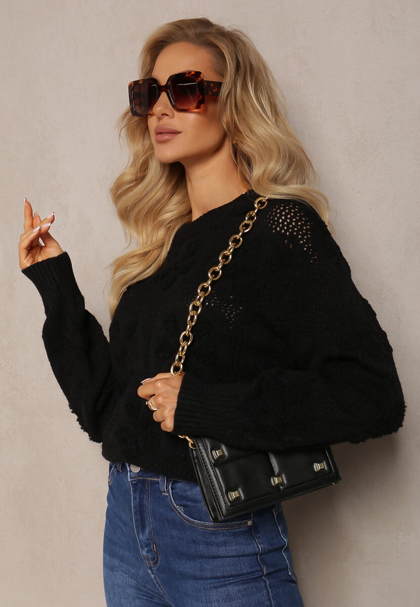 Czarny Sweter z Wełną i Bawełną z Pluszowymi Wstawkami Alrua