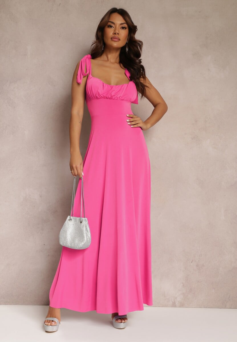 Ciemnoróżowa Długa Sukienka z Marszczonym Dekoltem i Wiązanymi Ramiączkami Rozvita