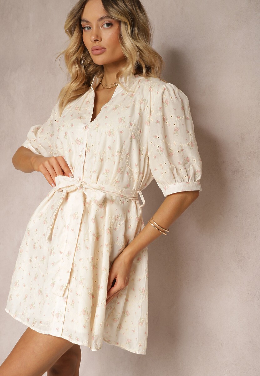 Beżowo-Różowa Trapezowa Sukienka o Kroju Koszulowym Ozdobiona Materiałowym Paskiem w Talii Darnagia