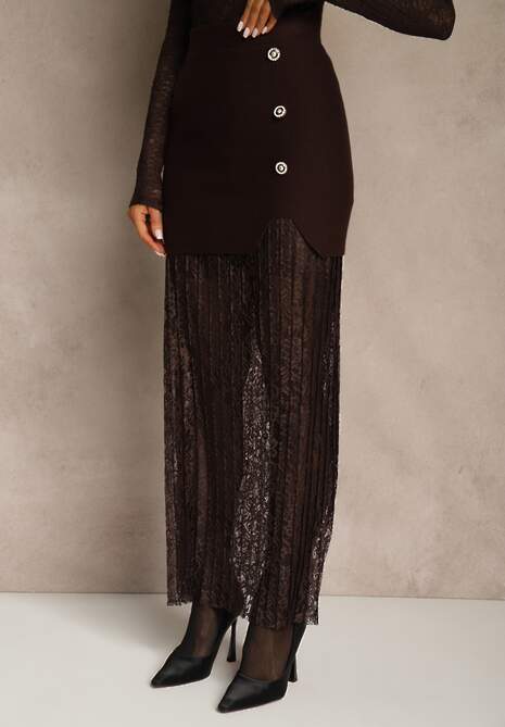 Brązowa Spódnica z Dzianiny z Wiskozą z Koronkowym Dołem Zdobiona Guzikami Sewune