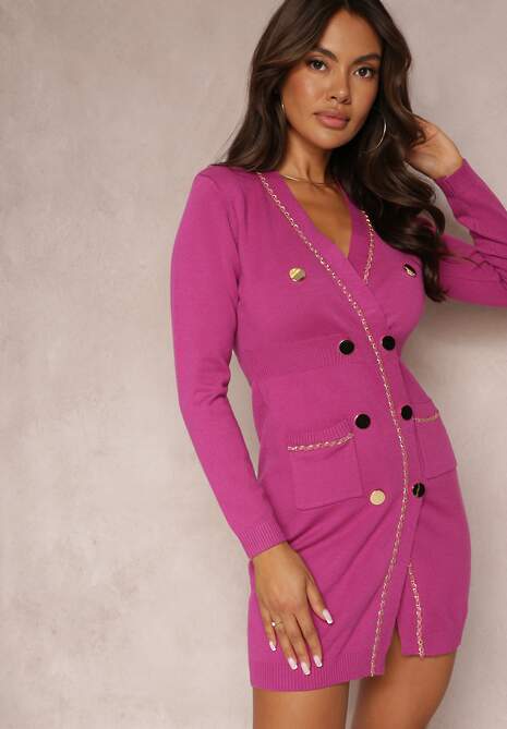 Różowa Taliowana Mini Sukienka z Wiskozą i Złotymi Guzikami oraz Napami Onimvana