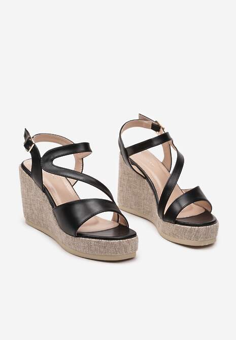 Czarne Sandały z Ekoskóry na Koturnie Zapinane na Sprzączkę Moanis