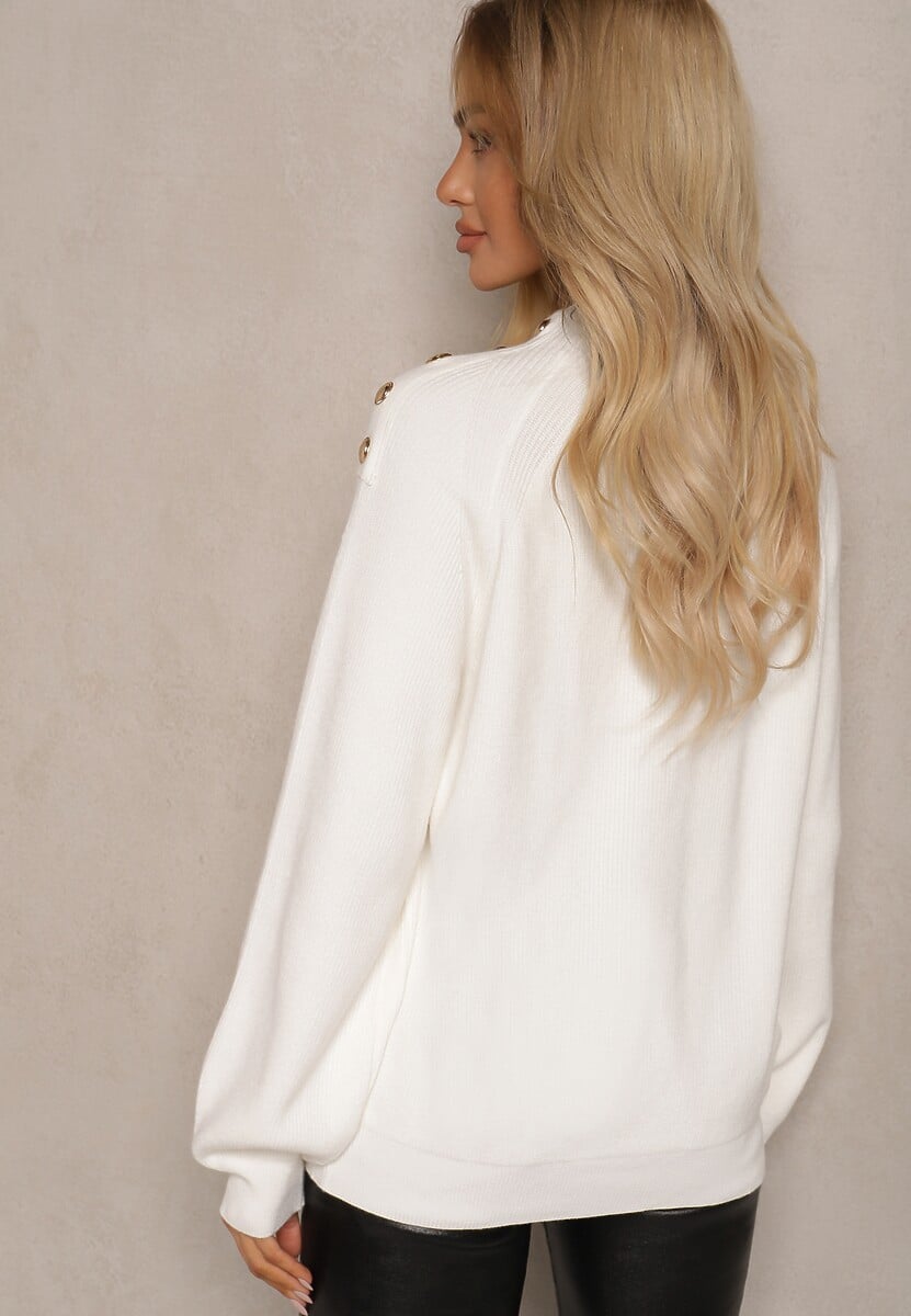 Biały Sweter Dzianinowy z Długim Rękawem i Guzikami Kithi
