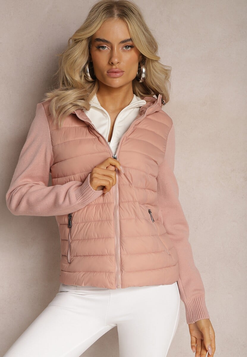 Różowa Kurtka z Kapturem i Pikowanym Przodem Gelise