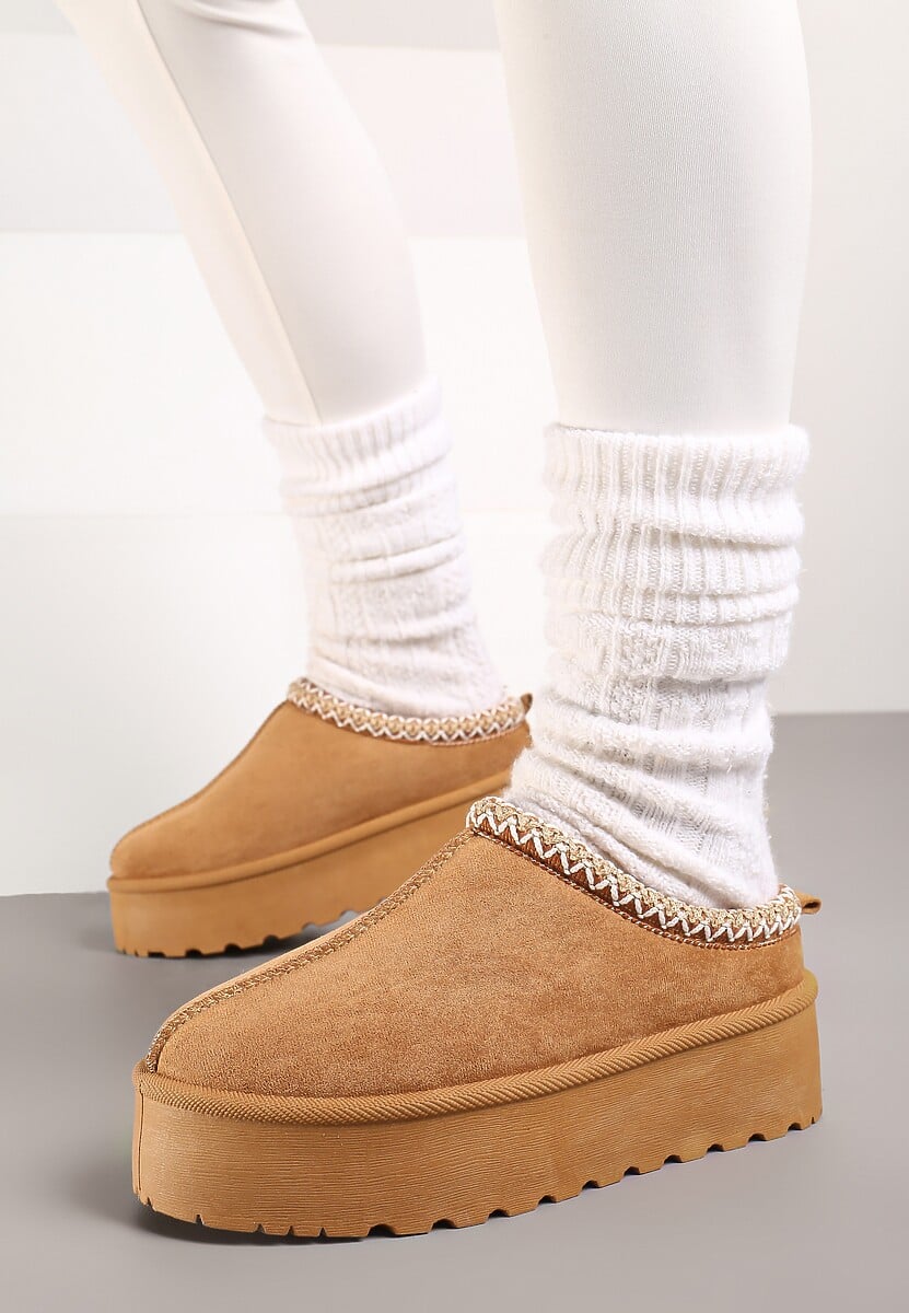 Brązowe Śniegowce na Platformie z Niską Cholewką i Haftowanym Wzorem Zivilae