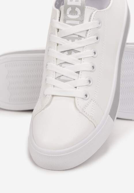 Biało-Szare Sznurowane Tenisówki na Ozdobnej Podeszwie z Taśmą z Napisami na Języku Majara